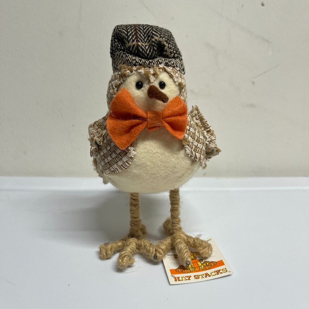Bird Fall Plaid Hat Orange Bow Tie Autumn Cute Decor 6.5" Tall New with tags